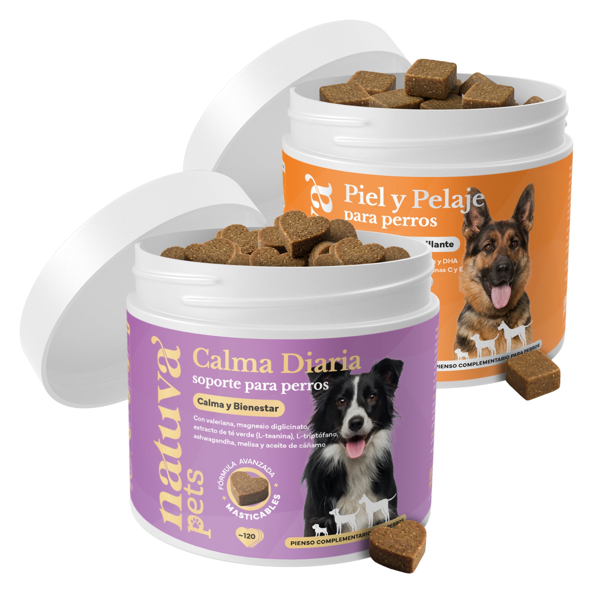 Duplo Calma + Piel y Pelaje para perros. Apoyo para la calma, piel sana, bienestar emocional y pelo brillante