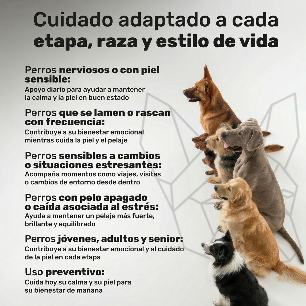 Duplo Calma + Piel y Pelaje para perros. Apoyo para la calma, piel sana, bienestar emocional y pelo brillante