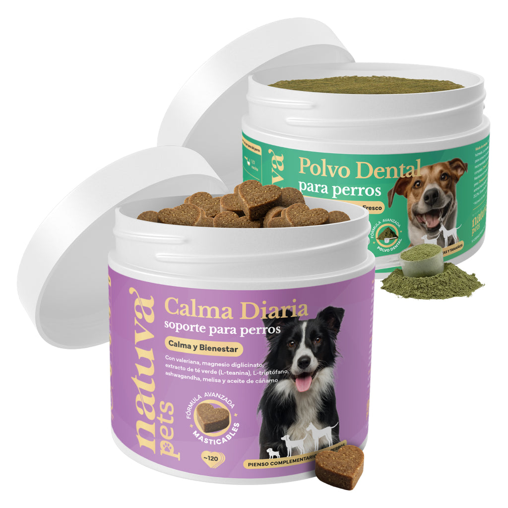 Duplo Calma + Polvo Dental para perros. Apoyo para la calma, higiene dental, bienestar emocional y aliento fresco