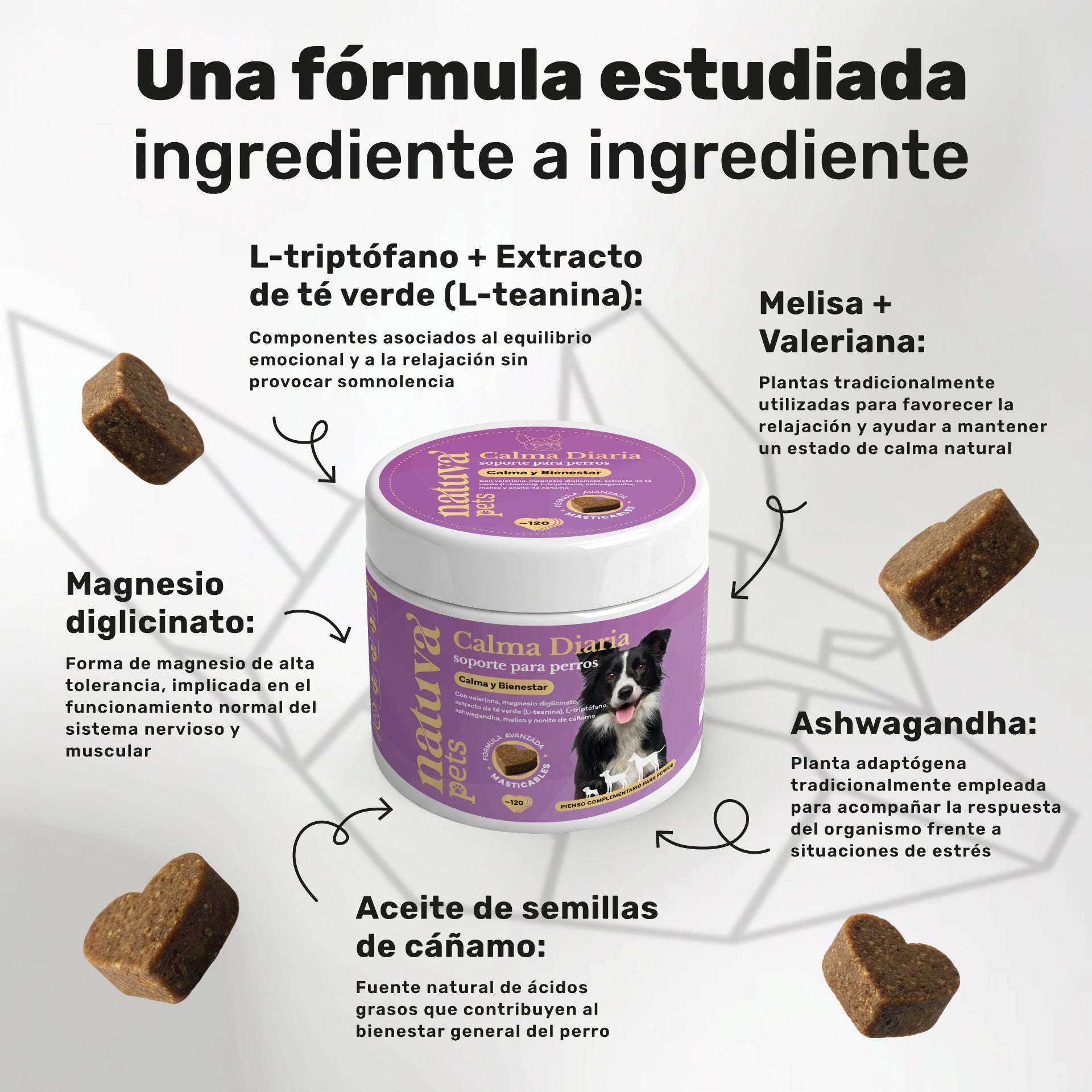 Duplo Calma + Polvo Dental para perros. Apoyo para la calma, higiene dental, bienestar emocional y aliento fresco
