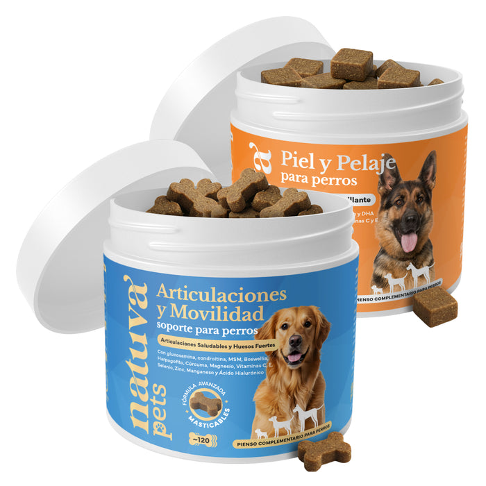 Duplo Condroprotector + Piel y Pelaje para perros. Soporte articular, movilidad, piel sana y pelo brillante