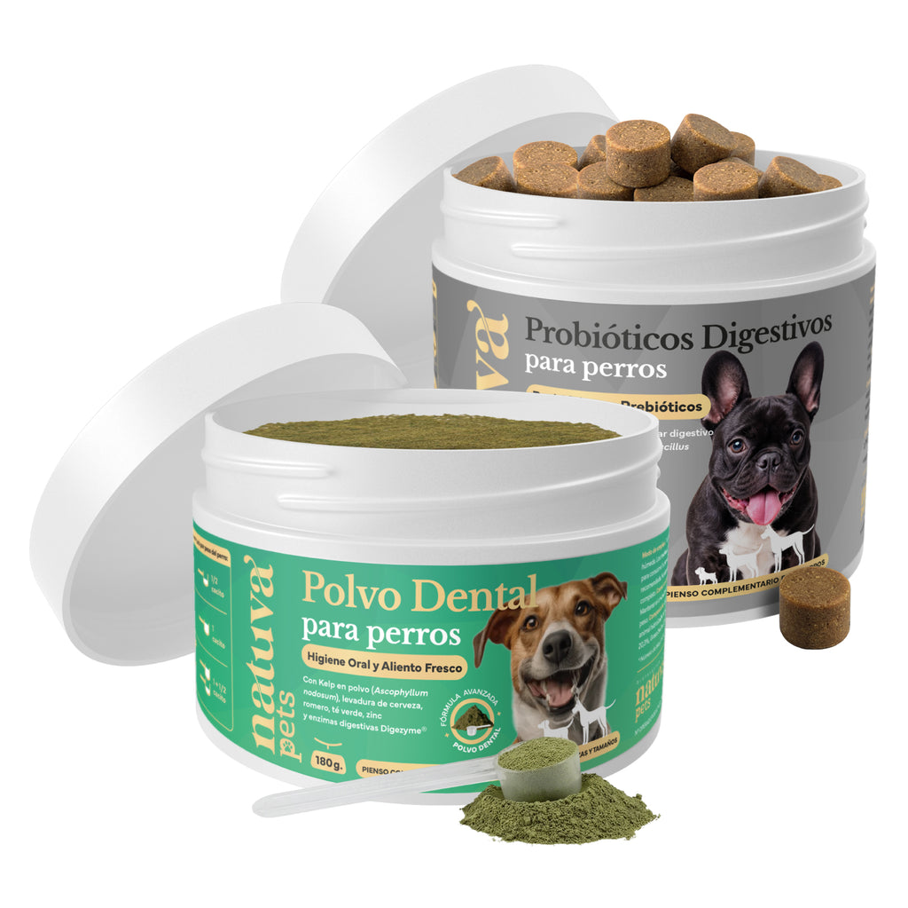 Duplo Polvo Dental + Probiótico para perros. Higiene dental, equilibrio intestinal, aliento fresco y bienestar digestivo