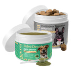 Duplo Polvo Dental + Probiótico para perros. Higiene dental, equilibrio intestinal, aliento fresco y bienestar digestivo