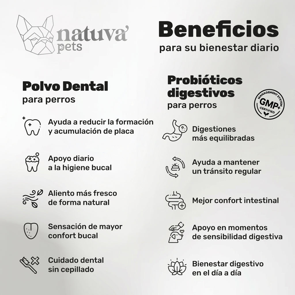 Duplo Polvo Dental + Probiótico para perros. Higiene dental, equilibrio intestinal, aliento fresco y bienestar digestivo