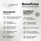 Duplo Polvo Dental + Probiótico para perros. Higiene dental, equilibrio intestinal, aliento fresco y bienestar digestivo