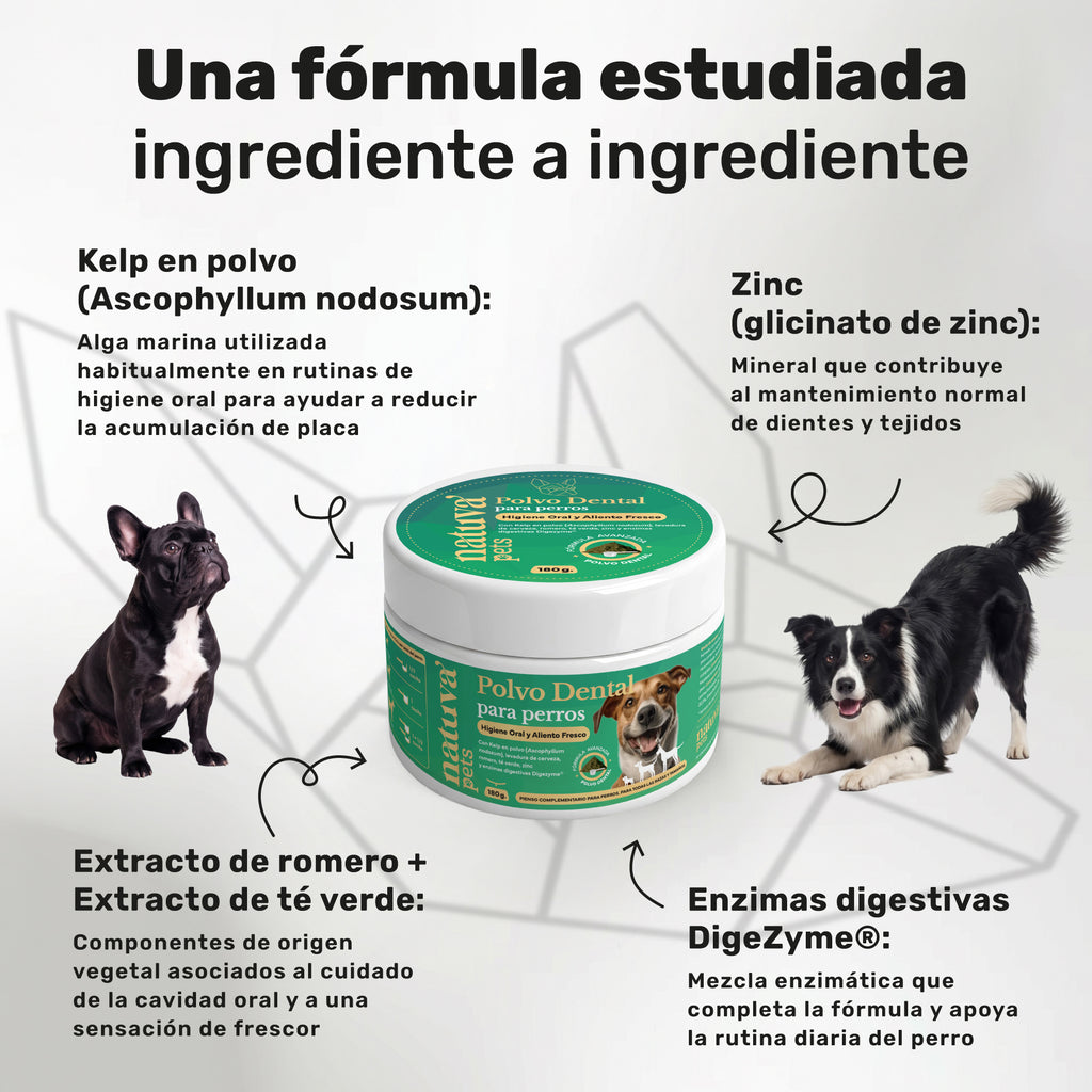 Duplo Polvo Dental + Probiótico para perros. Higiene dental, equilibrio intestinal, aliento fresco y bienestar digestivo
