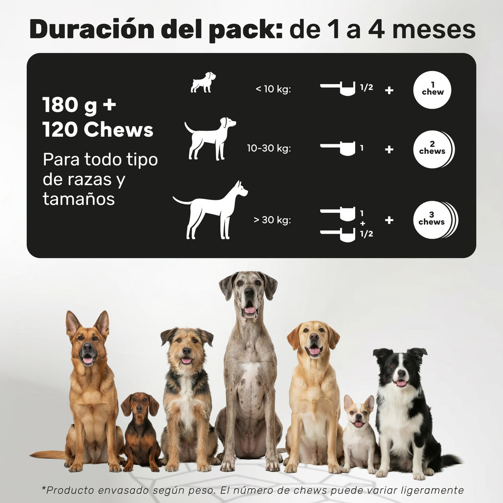 Duplo Polvo Dental + Probiótico para perros. Higiene dental, equilibrio intestinal, aliento fresco y bienestar digestivo