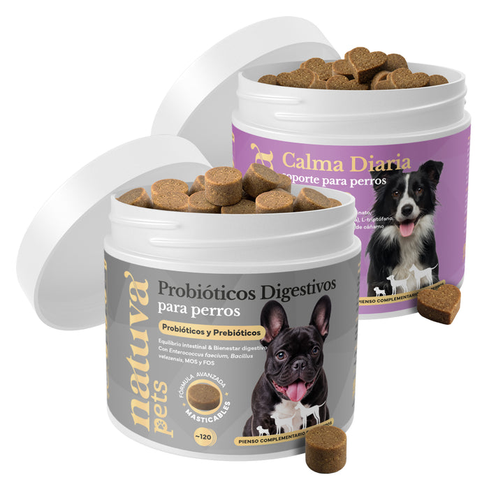 Duplo Probiótico + Calma para perros. Equilibrio intestinal, apoyo para la calma, bienestar digestivo e intestinal