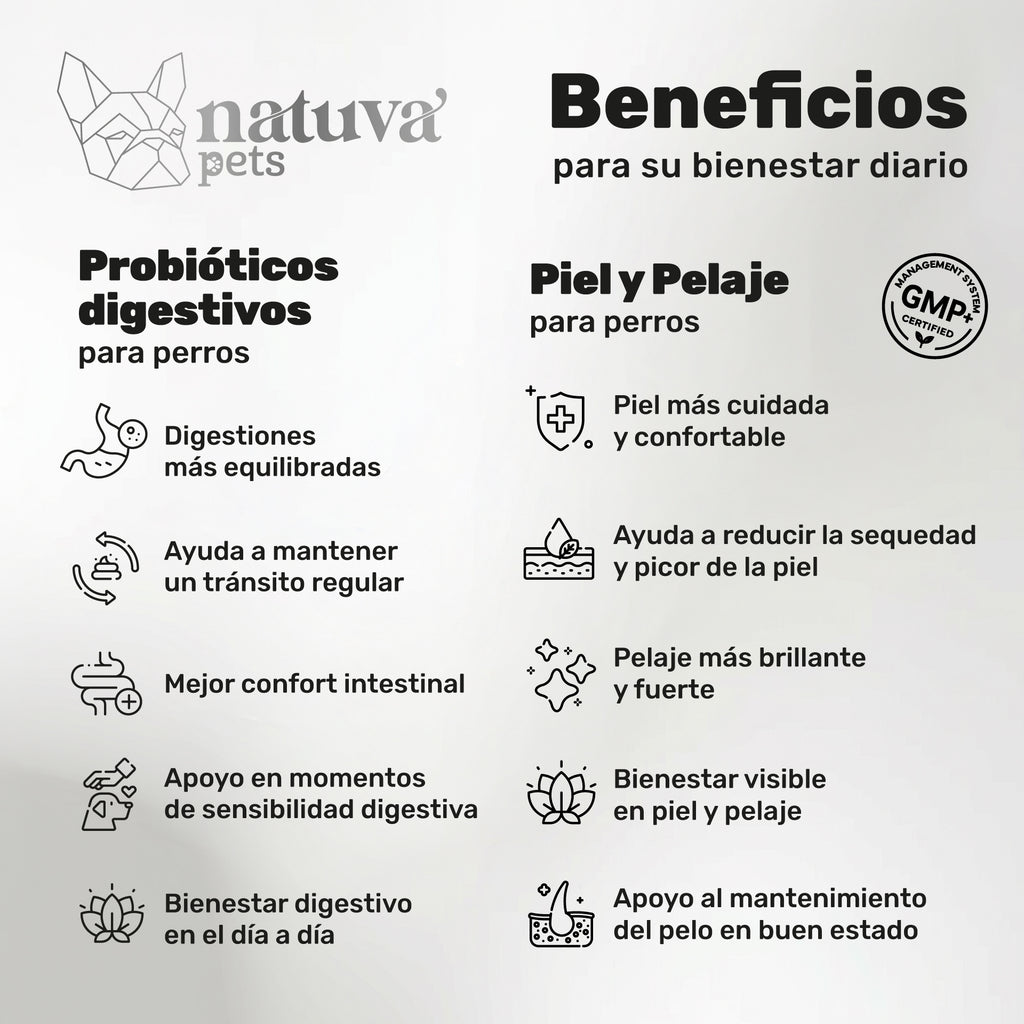 Duplo Probiótico + Piel y Pelaje para perros. Equilibrio intestinal, piel sana, bienestar digestivo y pelo brillante