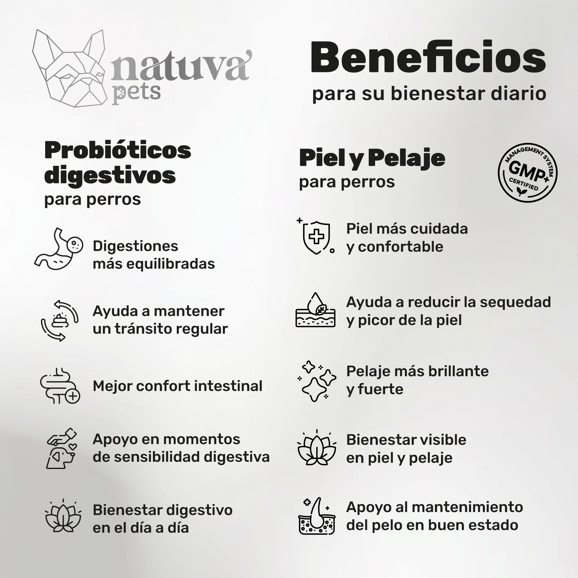 Duplo Probiótico + Piel y Pelaje para perros. Equilibrio intestinal, piel sana, bienestar digestivo y pelo brillante