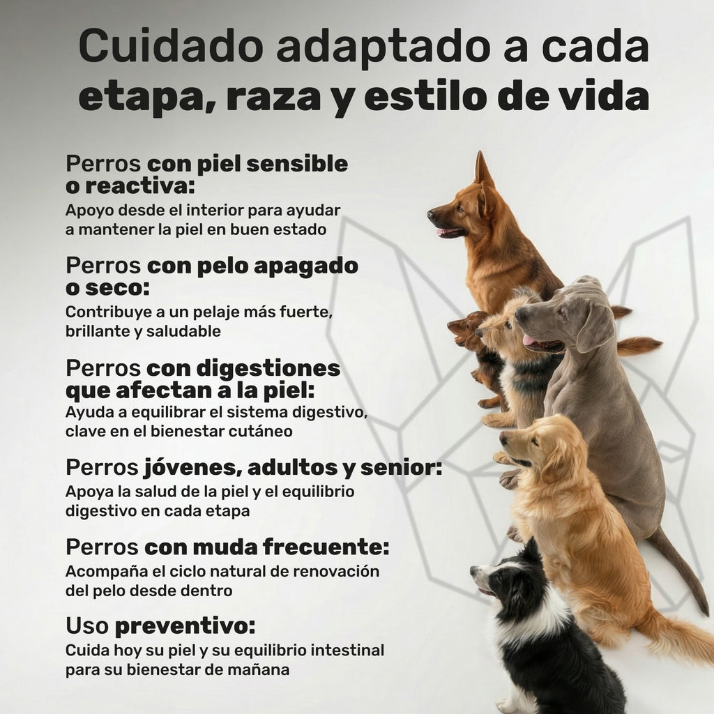 Duplo Probiótico + Piel y Pelaje para perros. Equilibrio intestinal, piel sana, bienestar digestivo y pelo brillante