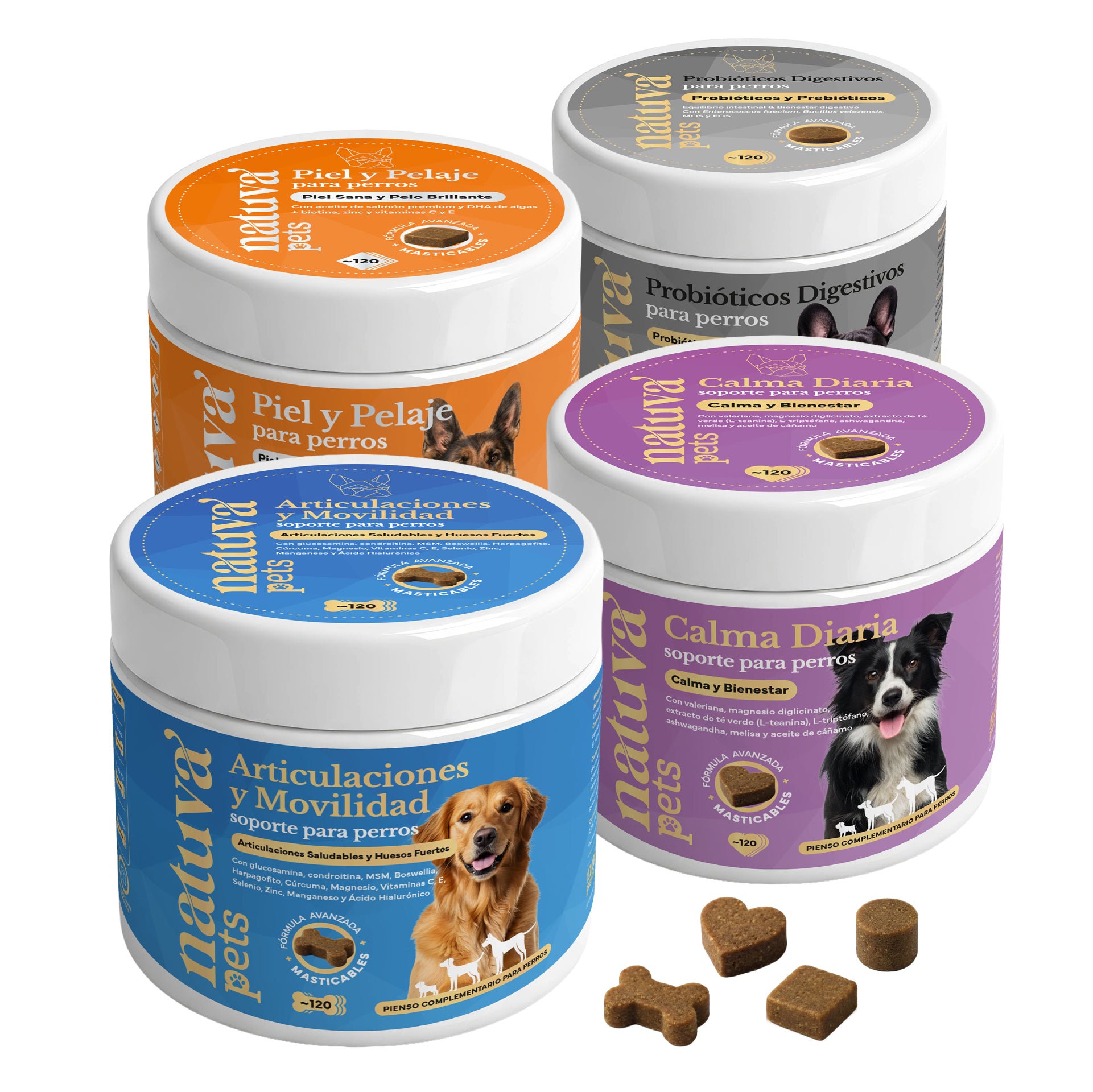 Pack Cuidado Total para perros. Calma, articulaciones, digestión, piel y pelaje - Natuva_Infograf_Pack Condro+Calma+Piel+Prob_Main