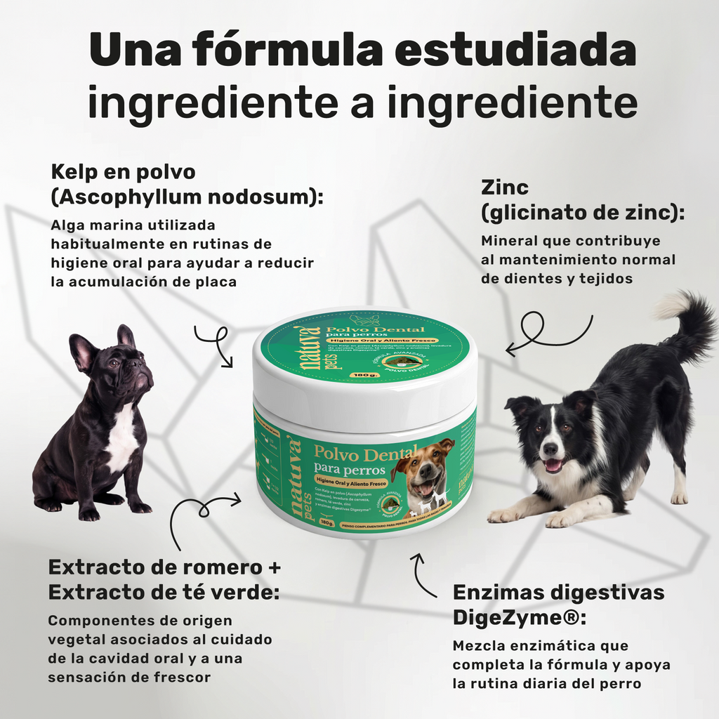 Polvo dental para perros. Higiene oral y aliento fresco