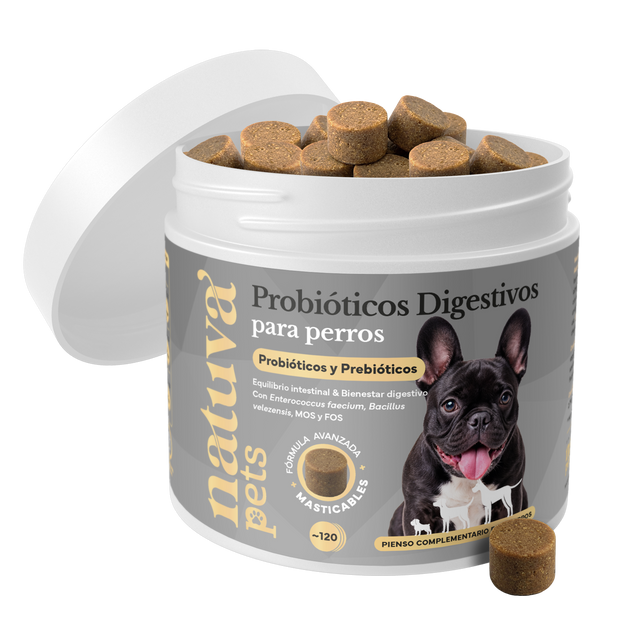 Bote abierto de Probióticos para perros de Natuva Pets