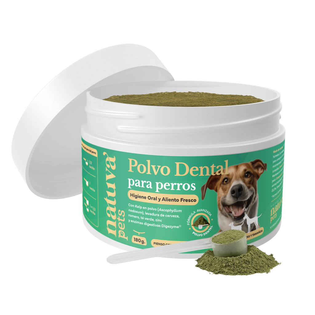 Polvo dental para perros. Higiene oral y aliento fresco