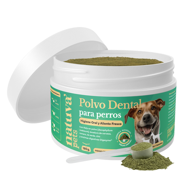 Bote abierto de Polvo Dental para perros de Natuva Pets